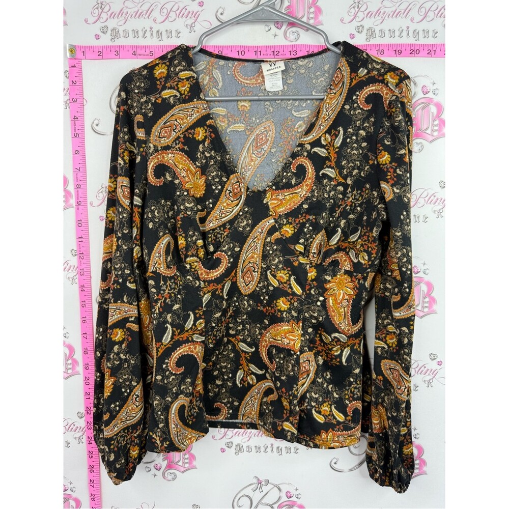 Wrapper top Black Paisley V-Neck Long Sleeve Blouse with Orange & Gold Accents